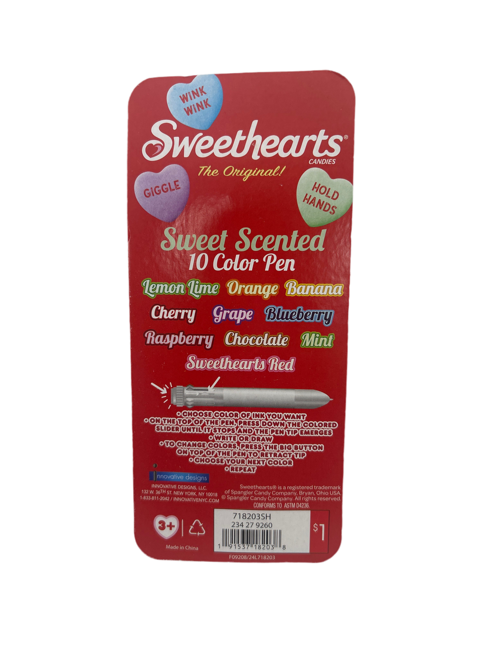 Red packaging of Sweethearts candy with a pen, on a white background