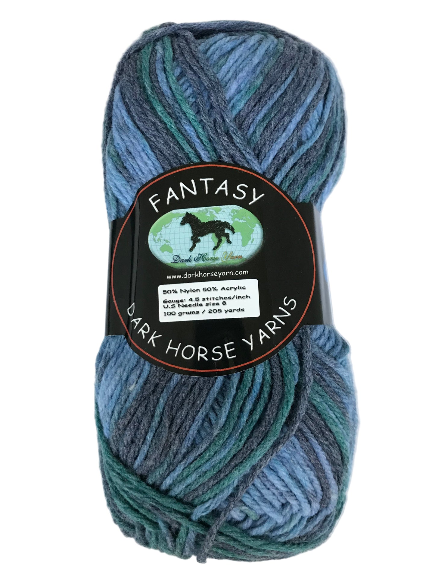 Blue and green skein of yarn with a Dark Horse Yarns label on a white background