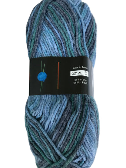 Blue striped yarn skein with a label on a white background