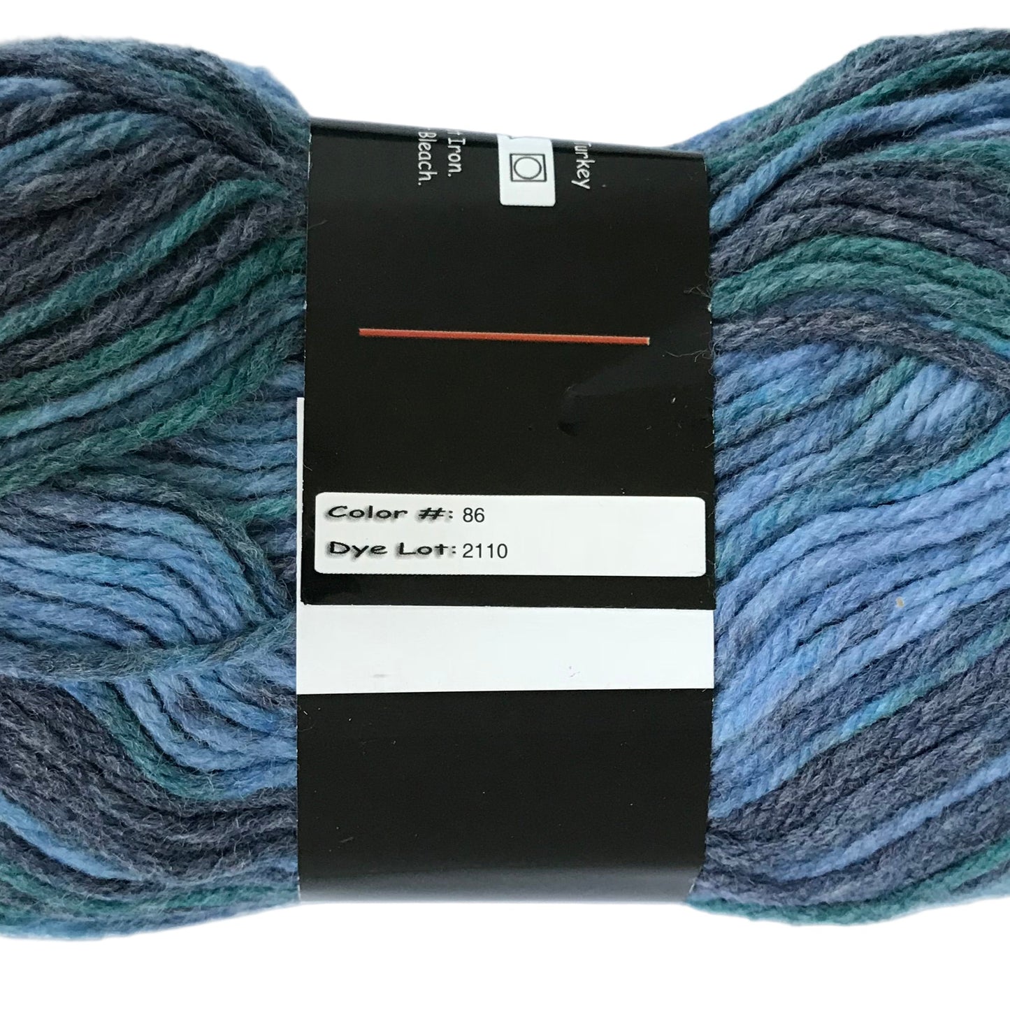 Blue skein of yarn with a label on a white background