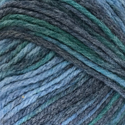Close-up of multicolored yarn with shades of blue and gray.