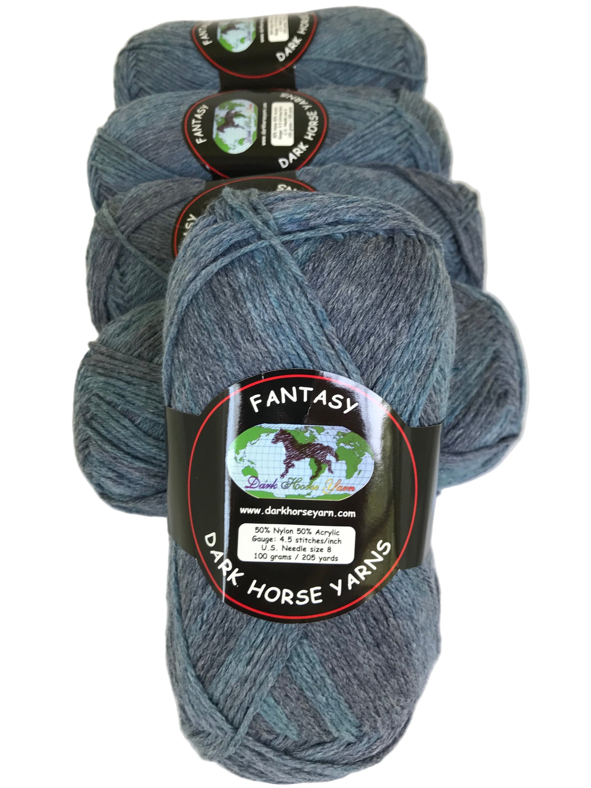 Three skeins of dark blue yarn with 'Fantasy' label on a white background