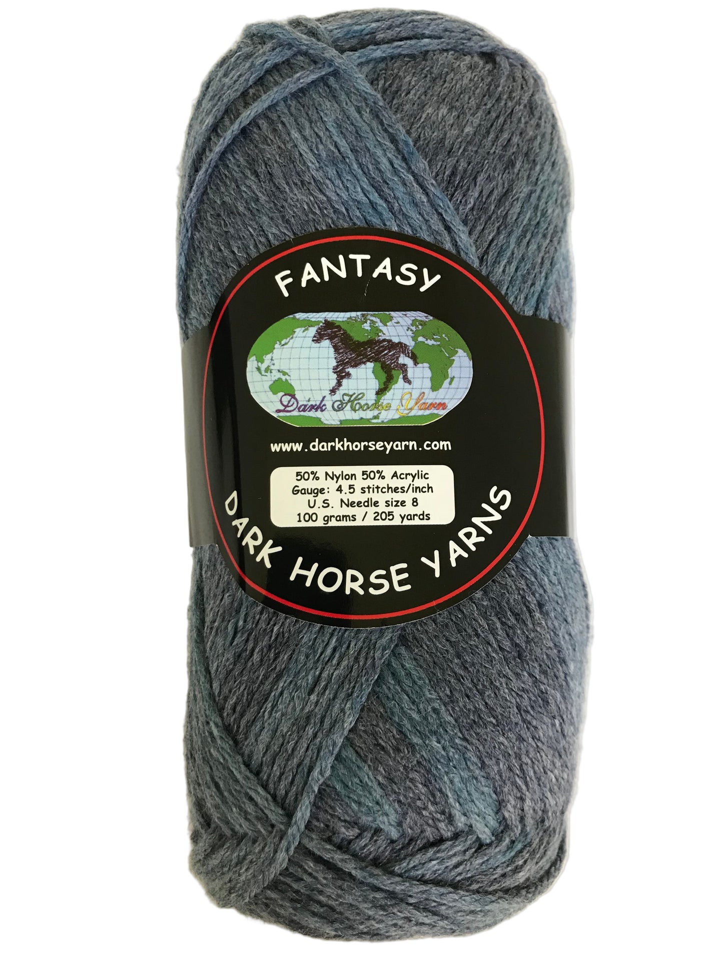 Ball of dark blue yarn with a label on a white background