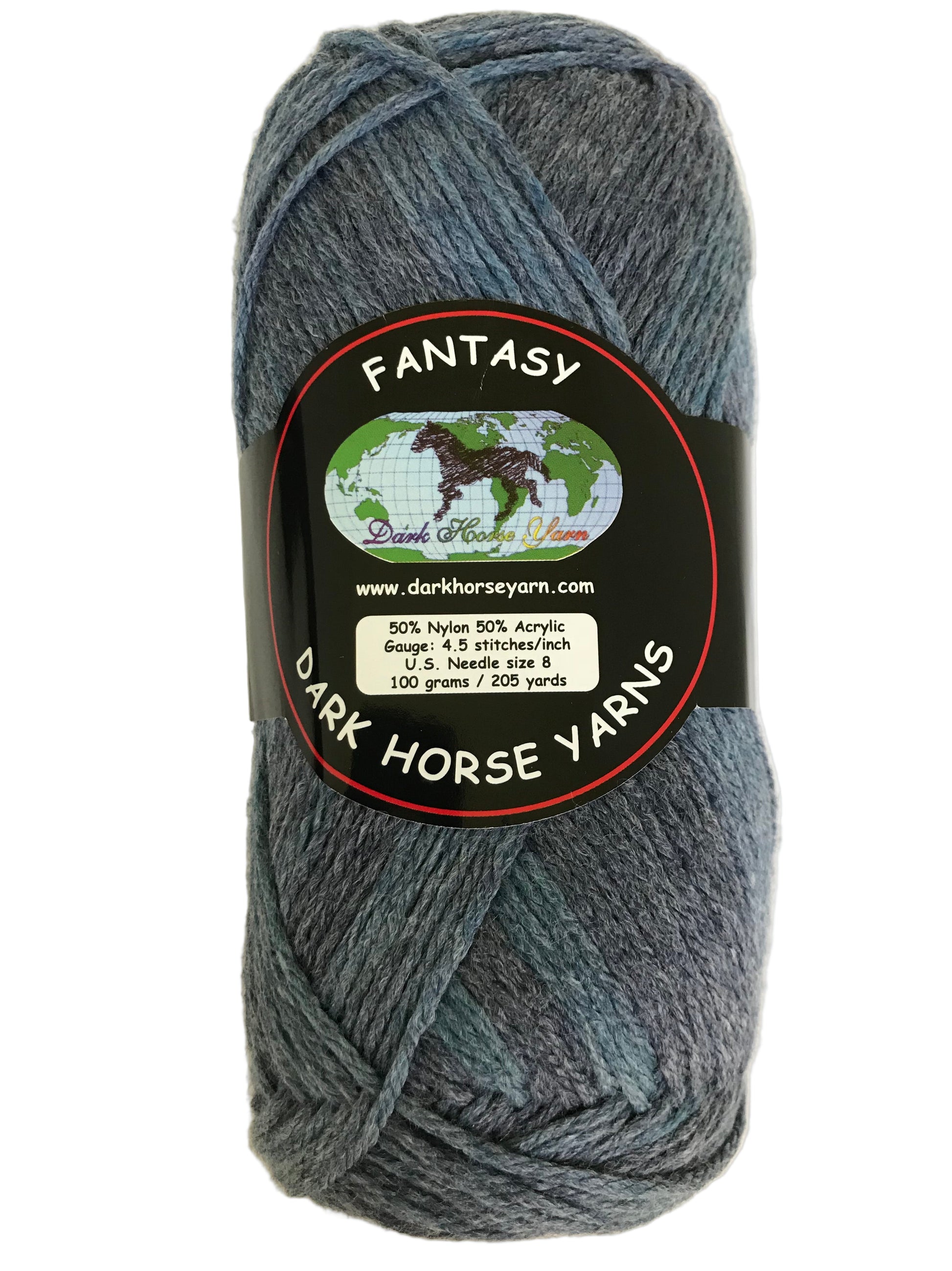 Ball of dark blue yarn with a label on a white background