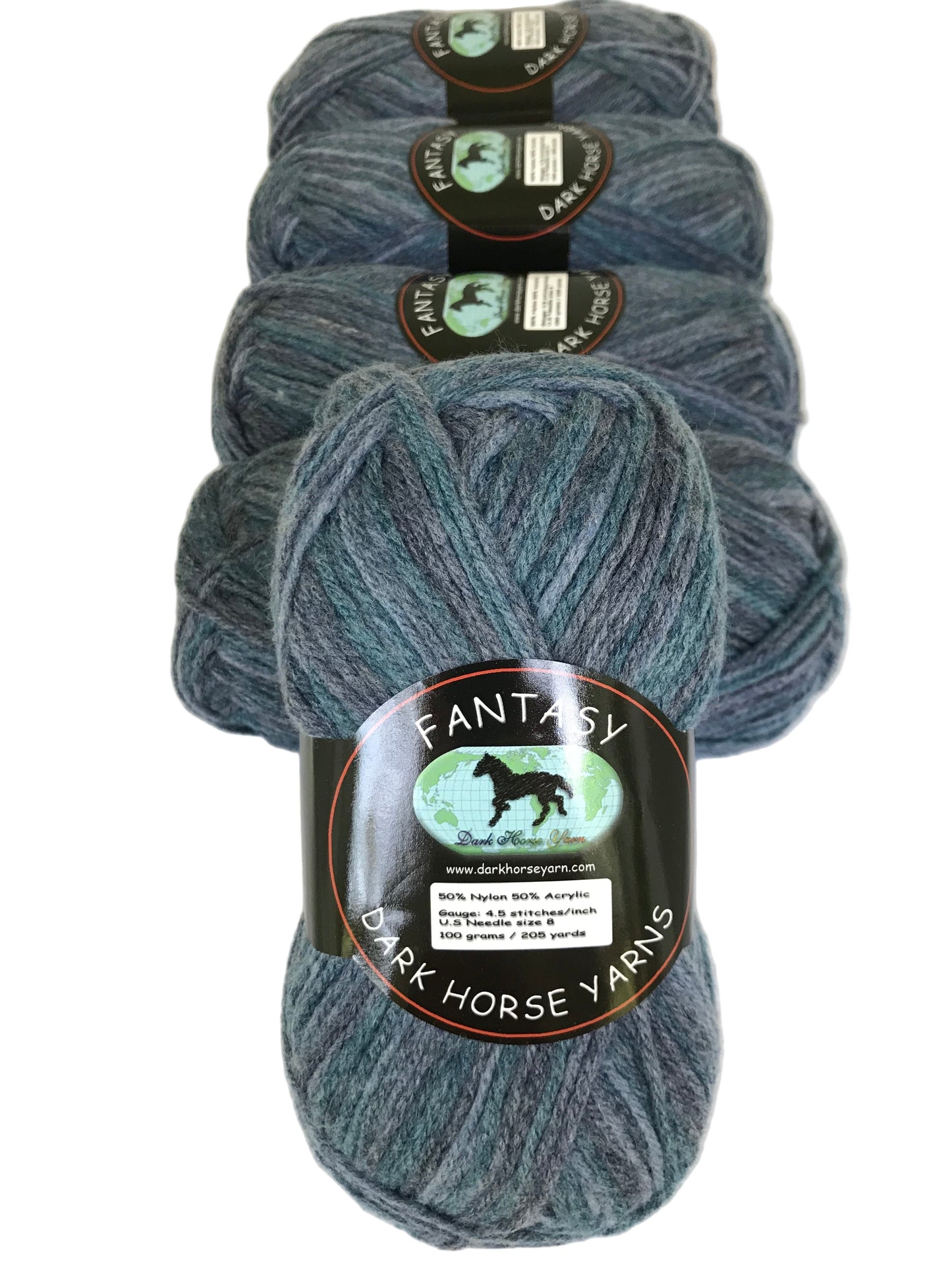 Three skeins of dark blue yarn with 'Dark Horse Yarns' labels on a white background