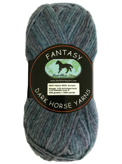 Ball of dark gray yarn with 'Dark Horse Yarns' label on a light beige background