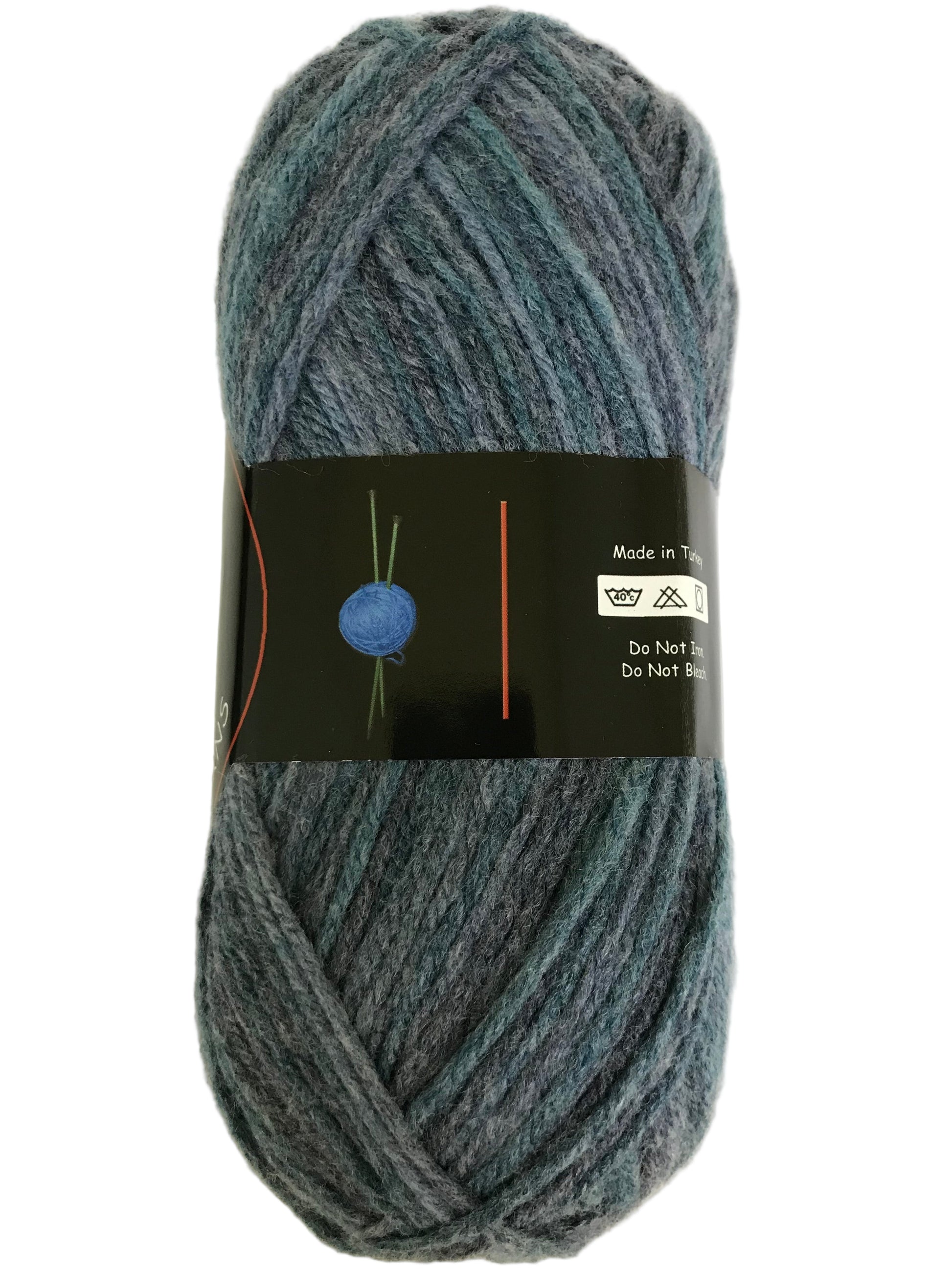 Blue skein of yarn with a label on a white background