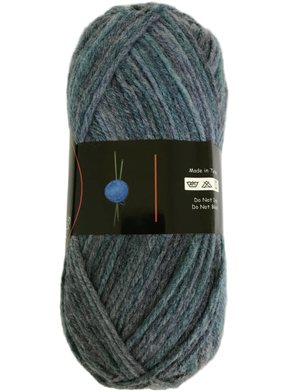 Blue skein of yarn with a label on a white background