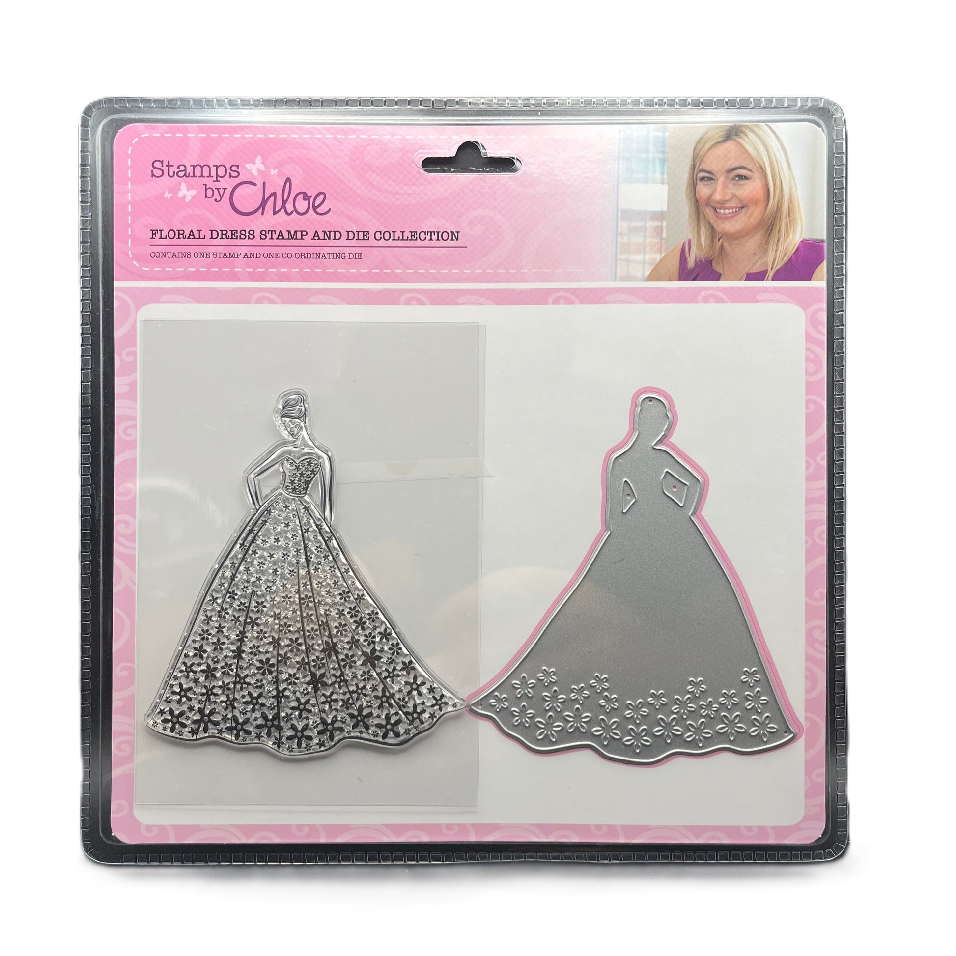 Floral dress stamp and die collection by Stamps by Chloe in packaging with a pink background.