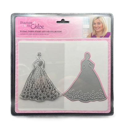 Floral dress stamp and die collection by Stamps by Chloe in packaging with a pink background.
