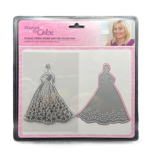 Floral dress stamp and die collection by Stamps by Chloe in packaging with a pink background.