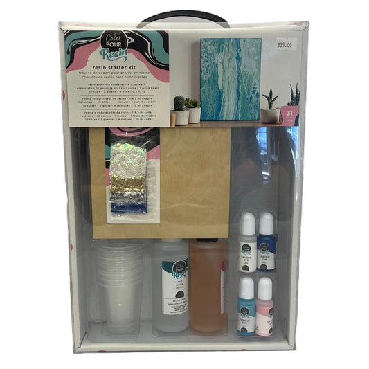 Resin starter kit packaging with various resins and tools on a white background
