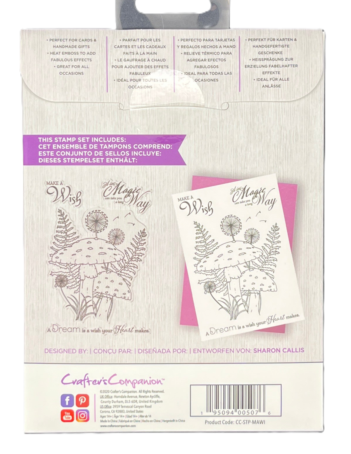 Packaging of a stamp set with nature-themed designs and text on a white background