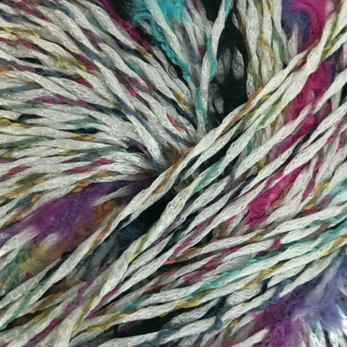 Multicolored skein of yarn on a white background