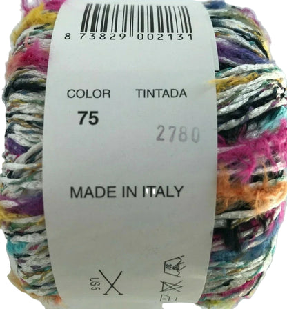 Multicolored yarn ball with a label indicating 'Made in Italy'.