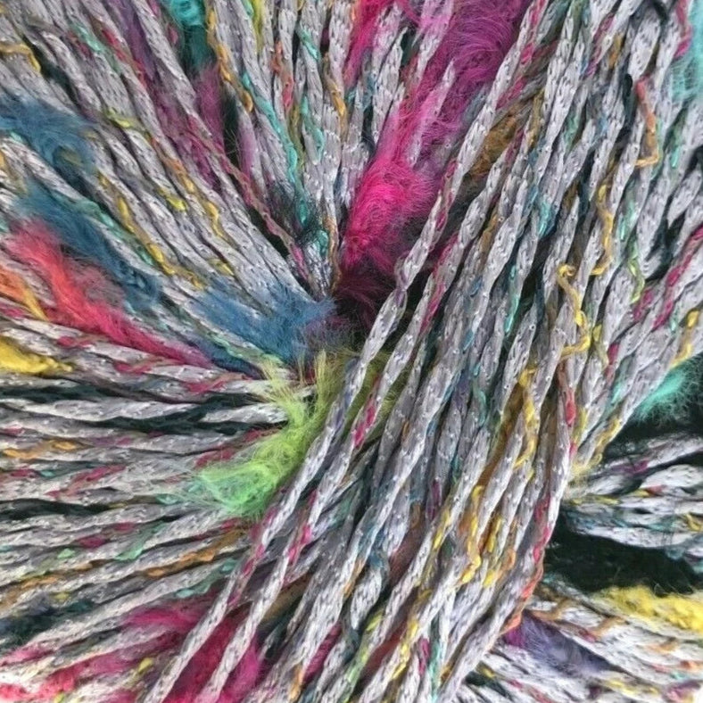Multicolored skein of yarn on a white background