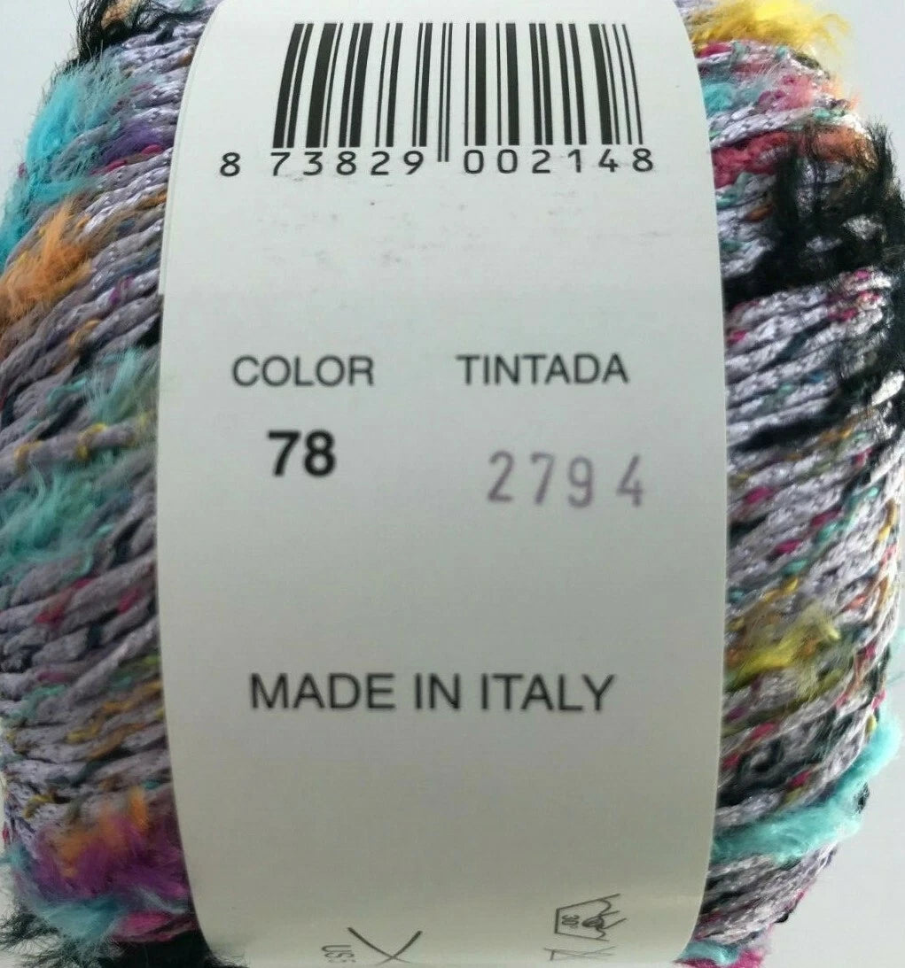 Multicolored yarn ball with a label showing color code and 'Made in Italy'.
