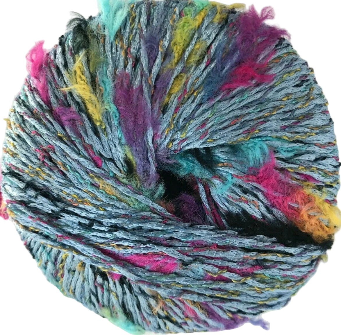 Multicolored skein of yarn on a white background