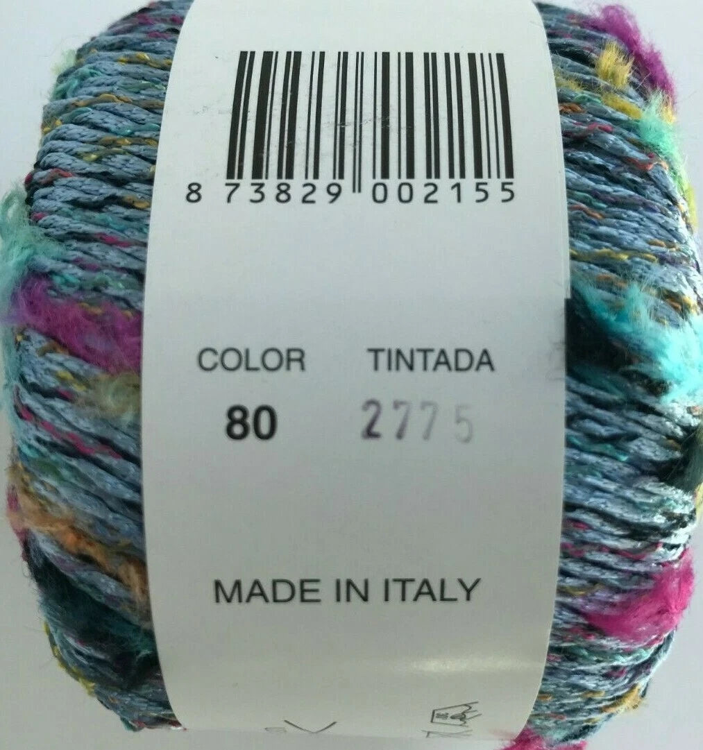 Multicolored yarn ball with a label showing color code and 'Made in Italy' text.
