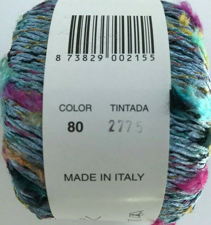 Multicolored yarn ball with a label showing color code and 'Made in Italy' text.