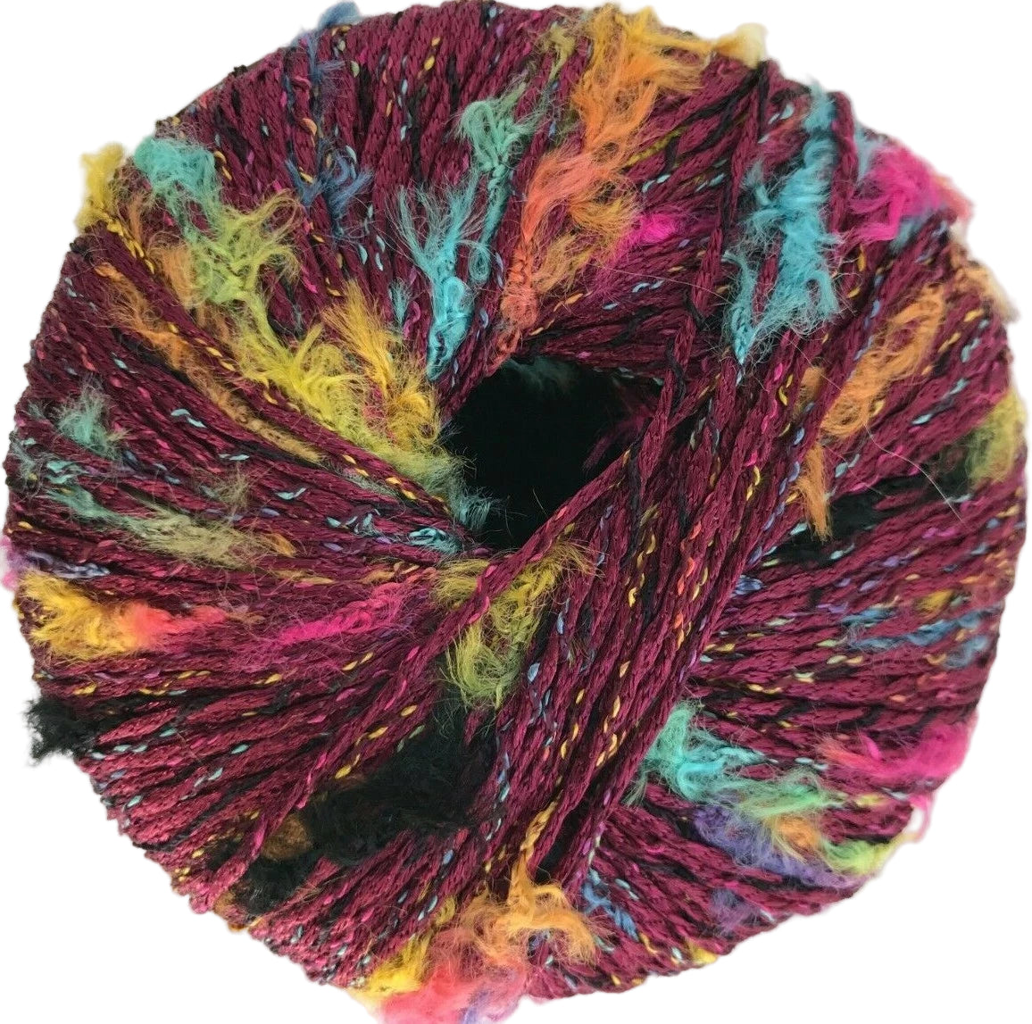Multicolored skein of yarn on a white background