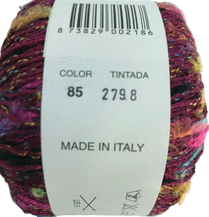 Multicolored yarn ball with a label showing color code and 'Made in Italy' text.