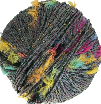 Multicolored yarn ball with gray base on a white background