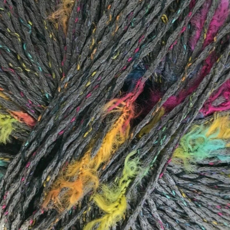 Multicolored yarn ball with gray base on a white background