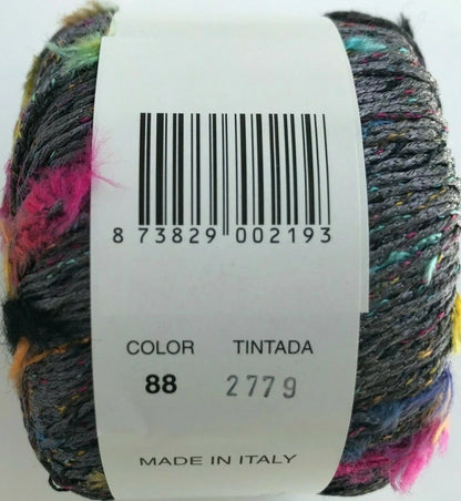 Multicolored yarn ball with a label showing color code and 'Made in Italy' text.