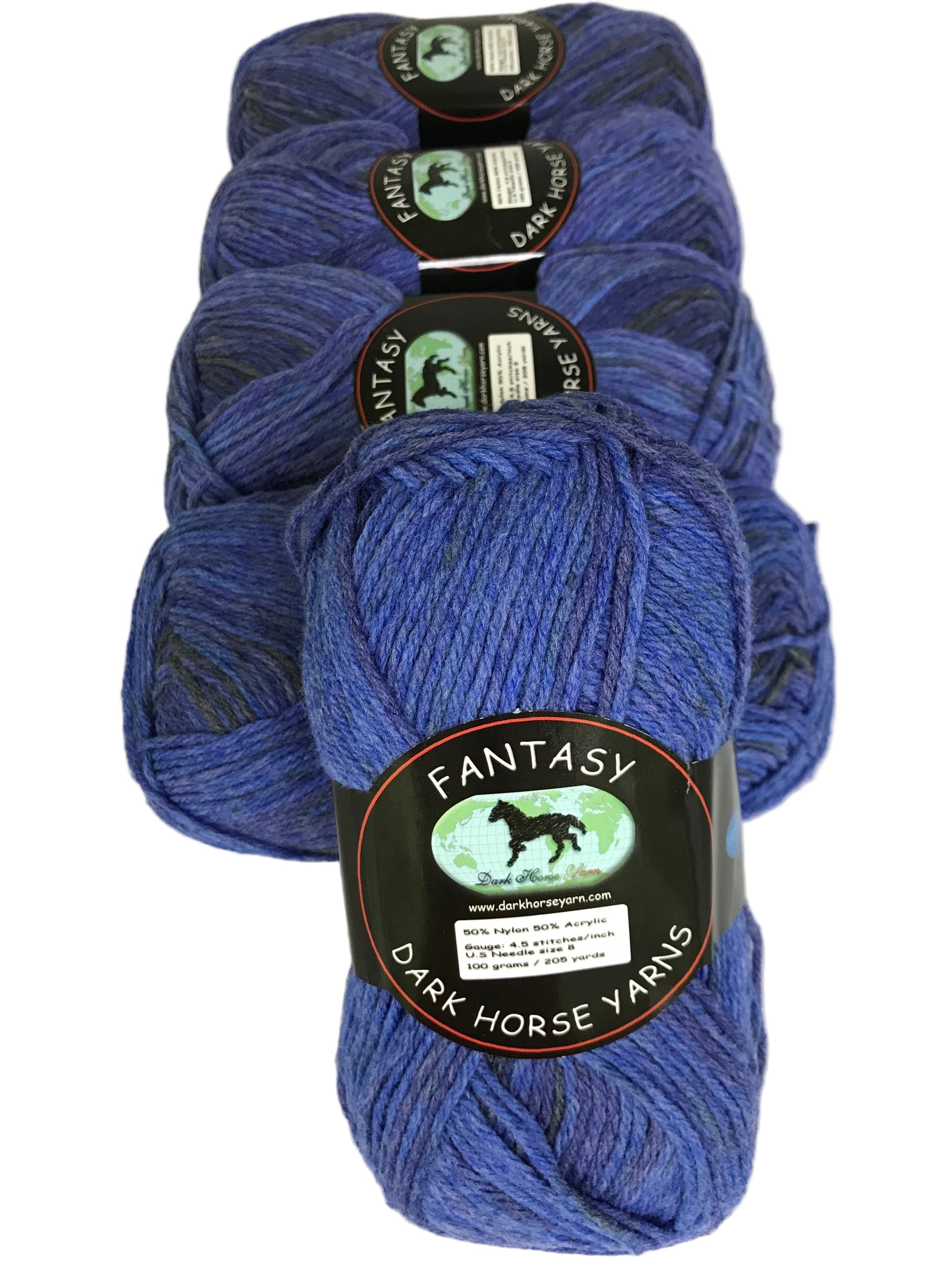 Blue yarn skeins with 'Fantasy' labels from Dark Horse Yarns on a white background