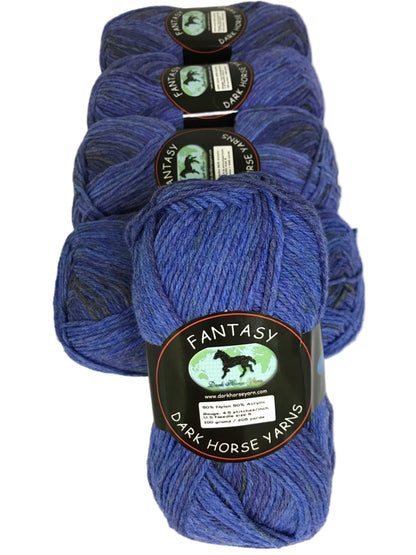 Blue yarn skeins with 'Fantasy' labels from Dark Horse Yarns on a white background