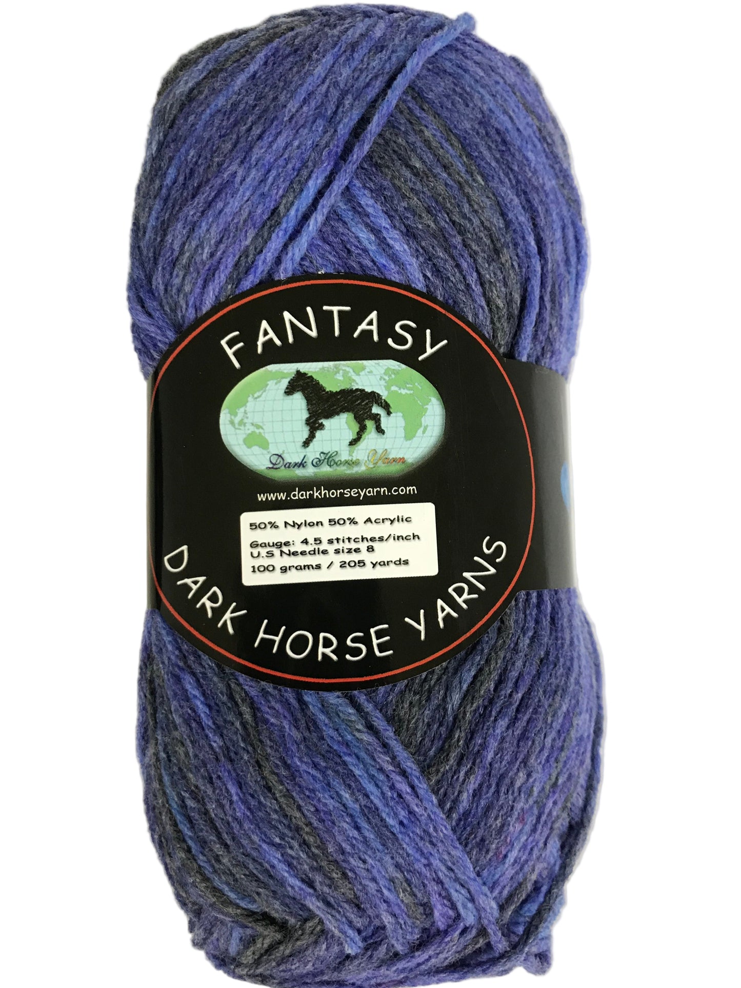 Ball of blue yarn with a Dark Horse Yarns label on a white background