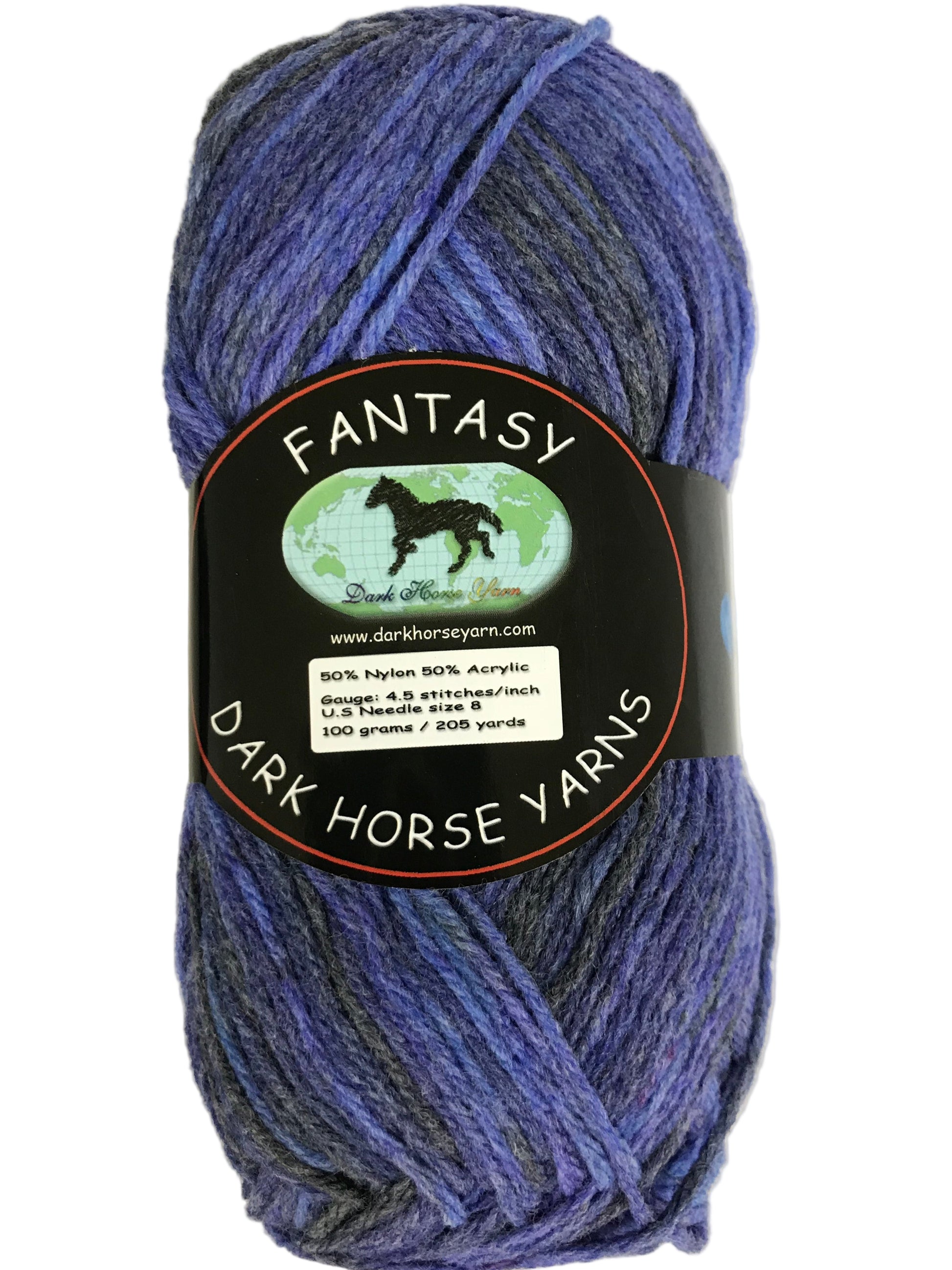 Ball of blue yarn with a Dark Horse Yarns label on a white background