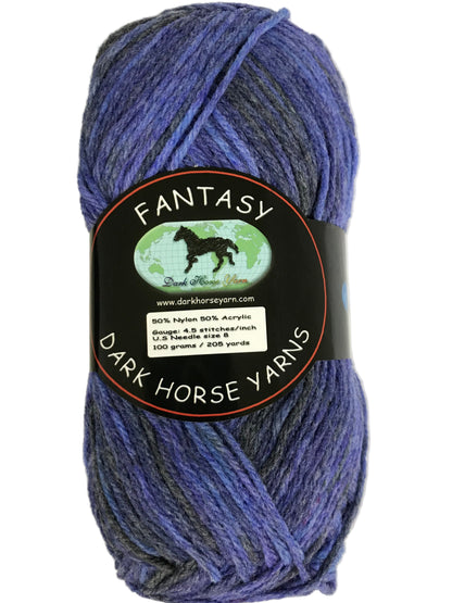 Ball of blue yarn with a Dark Horse Yarns label on a white background