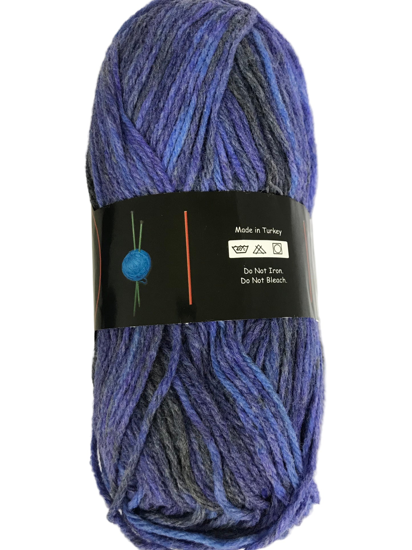 Blue skein of yarn with a label on a white background