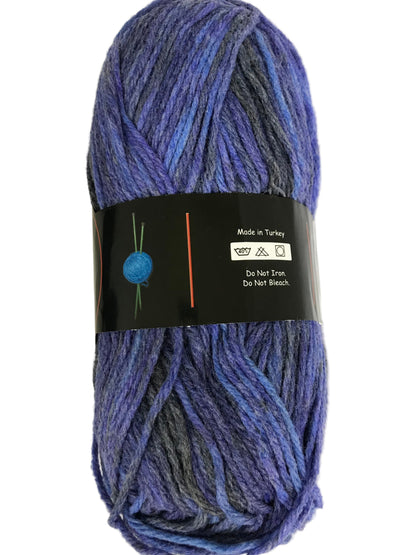 Blue skein of yarn with a label on a white background