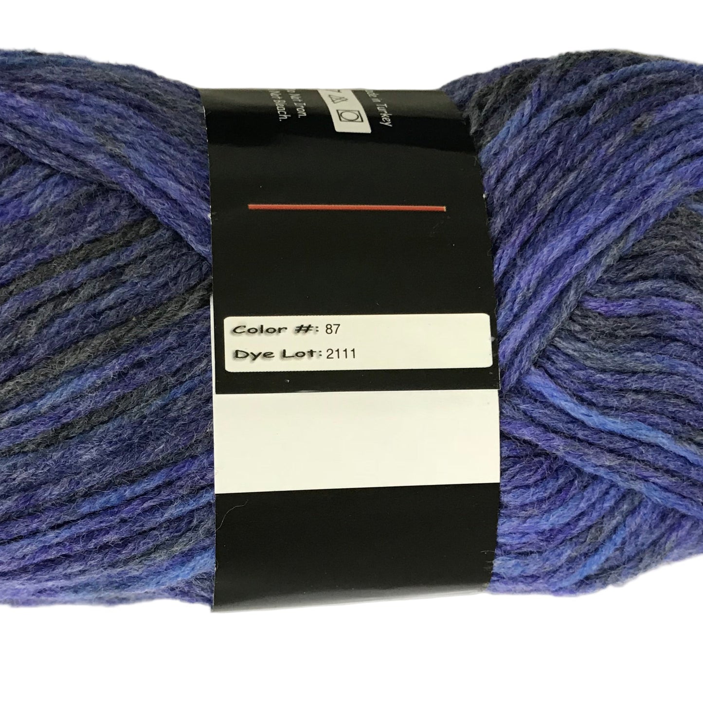 Blue skein of yarn with a label on a white background