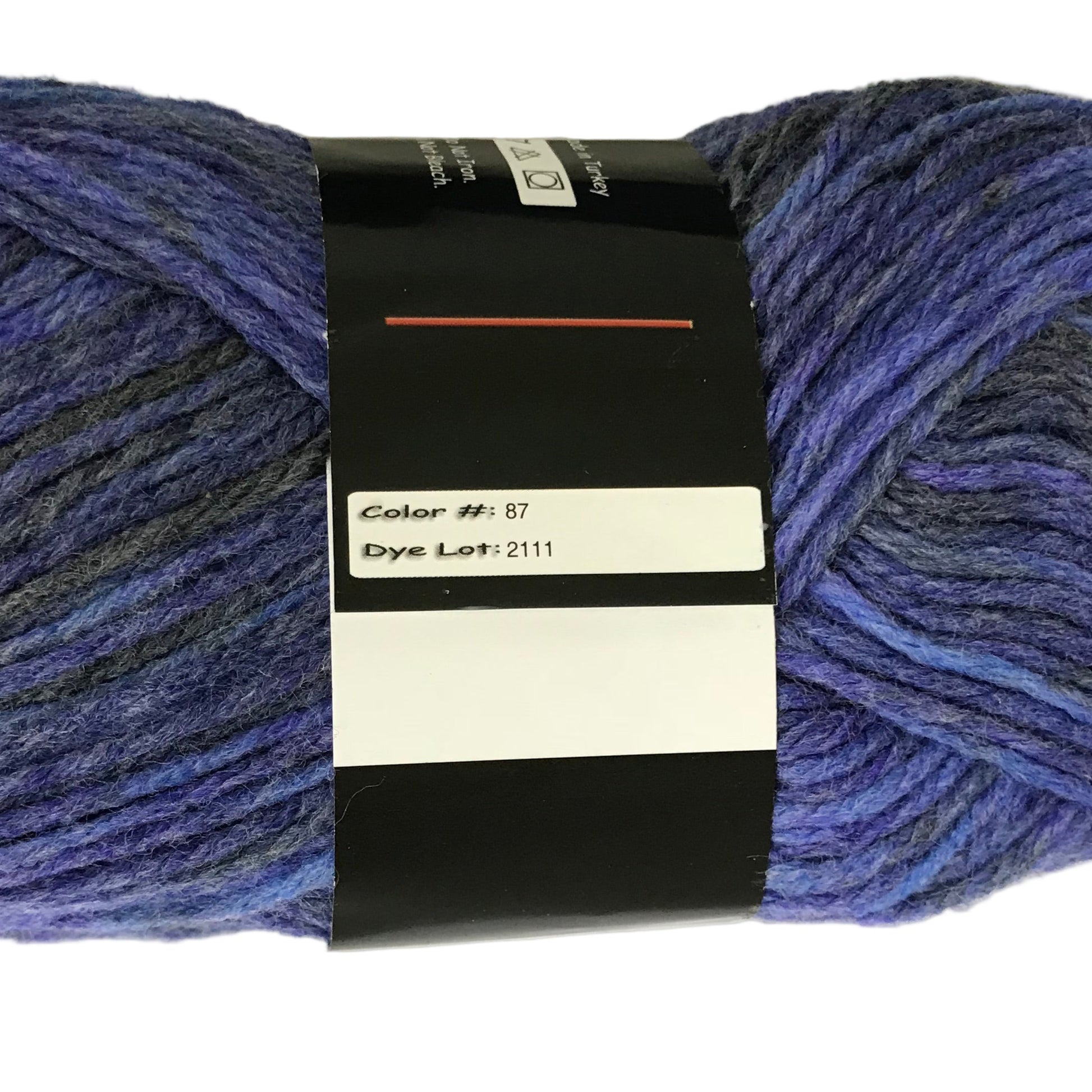 Blue skein of yarn with a label on a white background