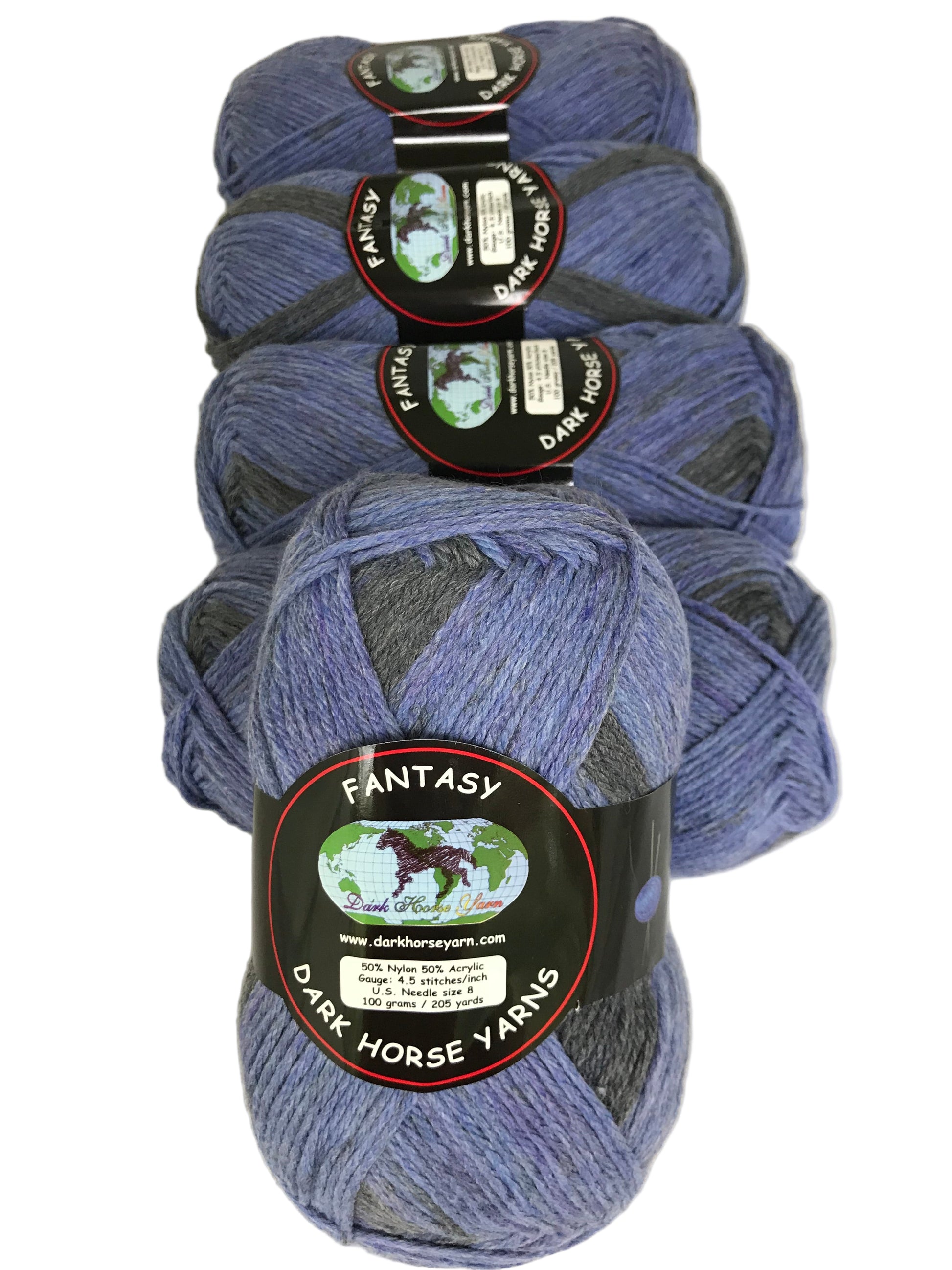 Four skeins of blue yarn with labels on a white background