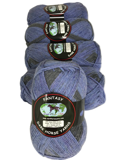Four skeins of blue yarn with labels on a white background