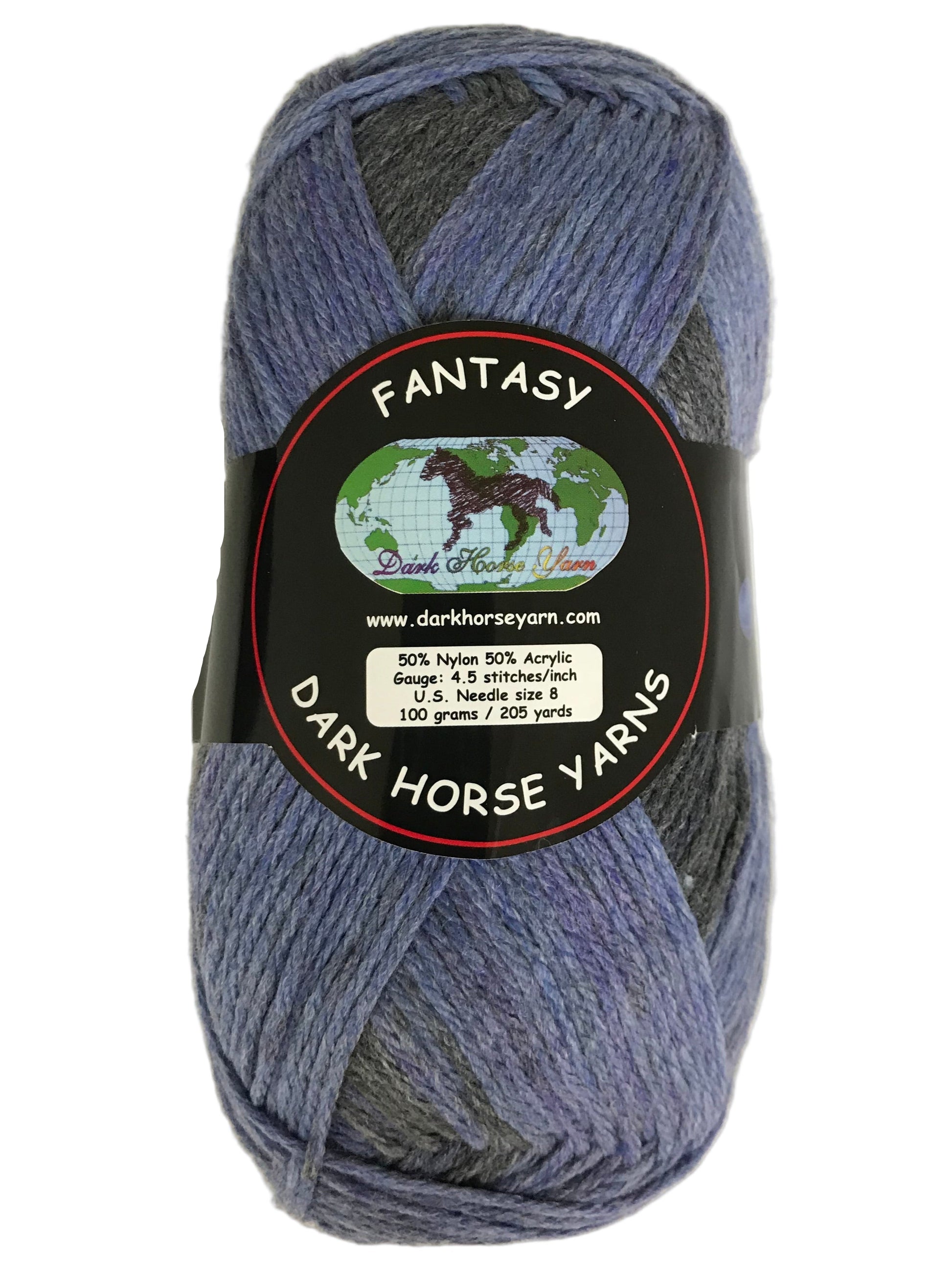 Ball of yarn with a Dark Horse Yarns label on a white background