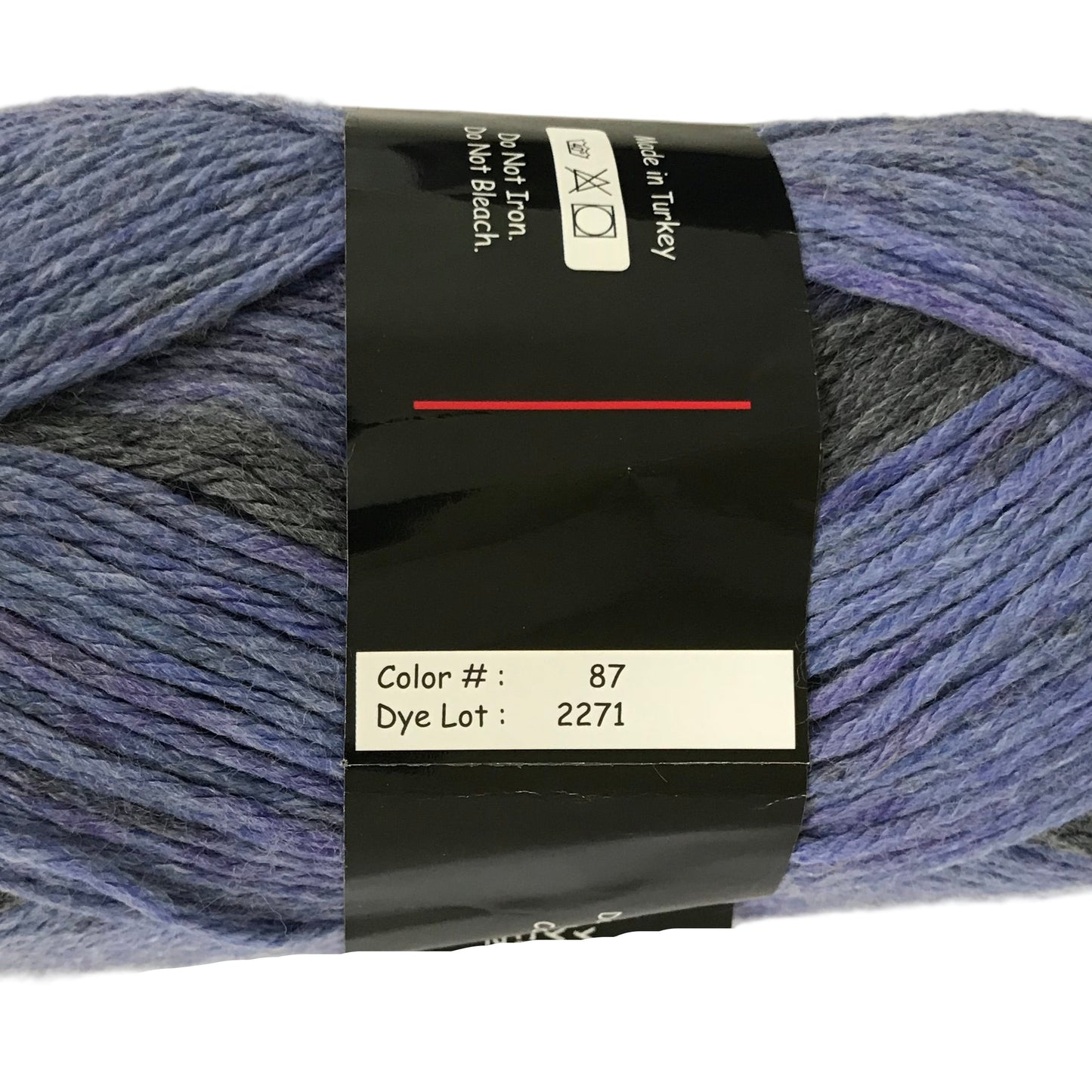 Blue yarn skein with a label on a white background