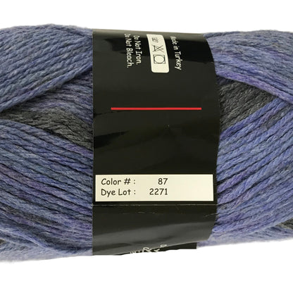Blue yarn skein with a label on a white background