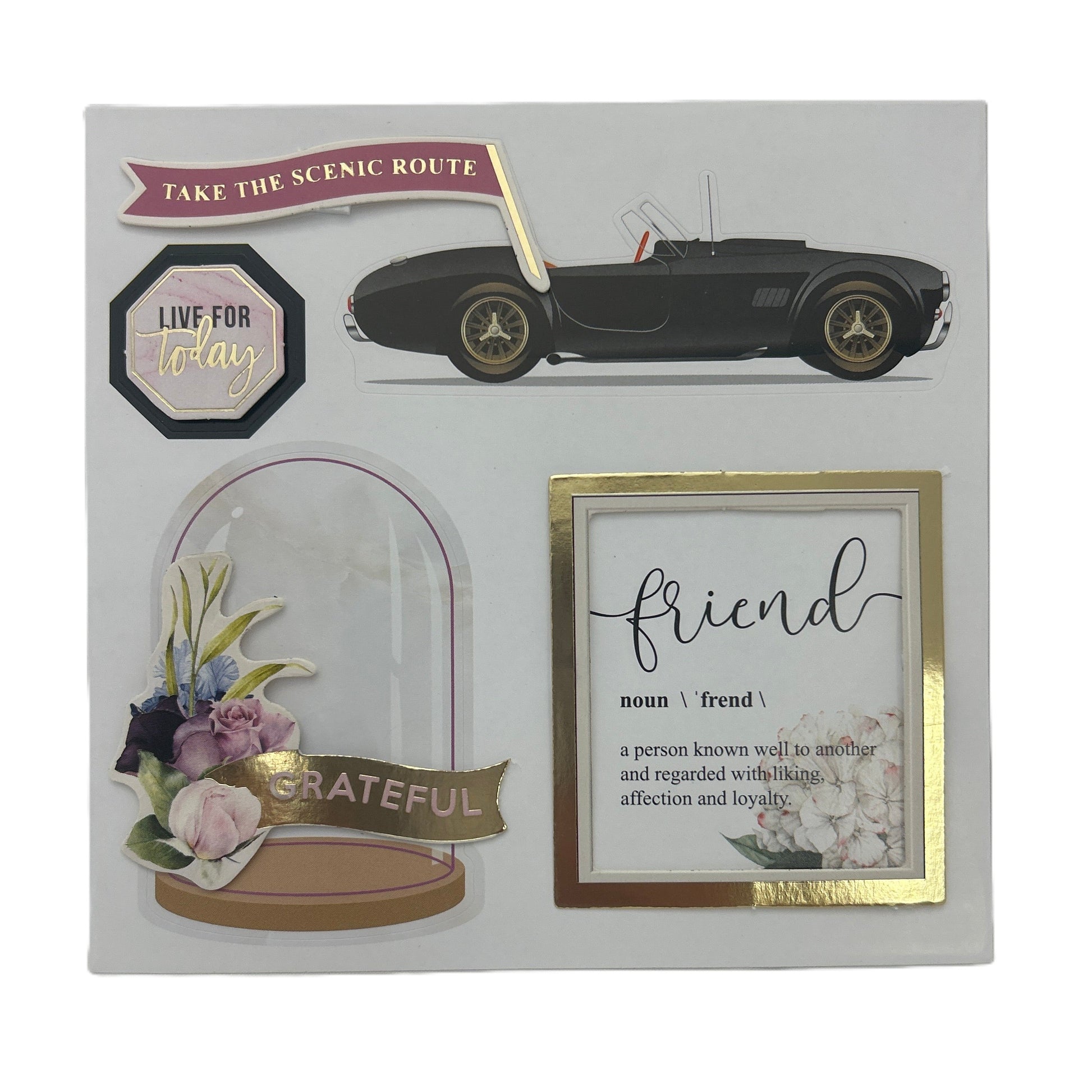 Decorative card with car illustration, floral design, and motivational phrases.