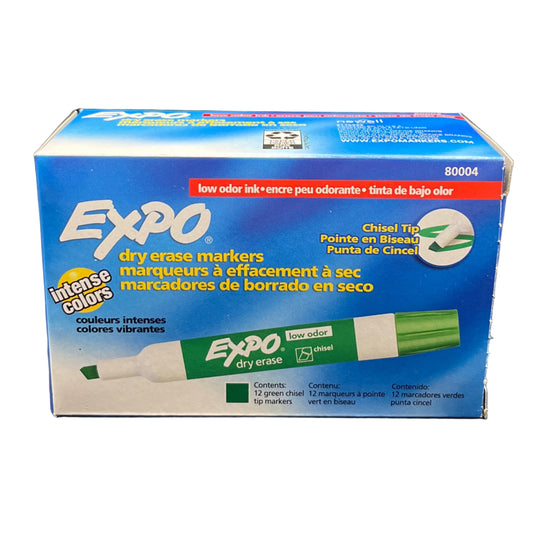 Box of Expo dry erase markers with green marker on a white background