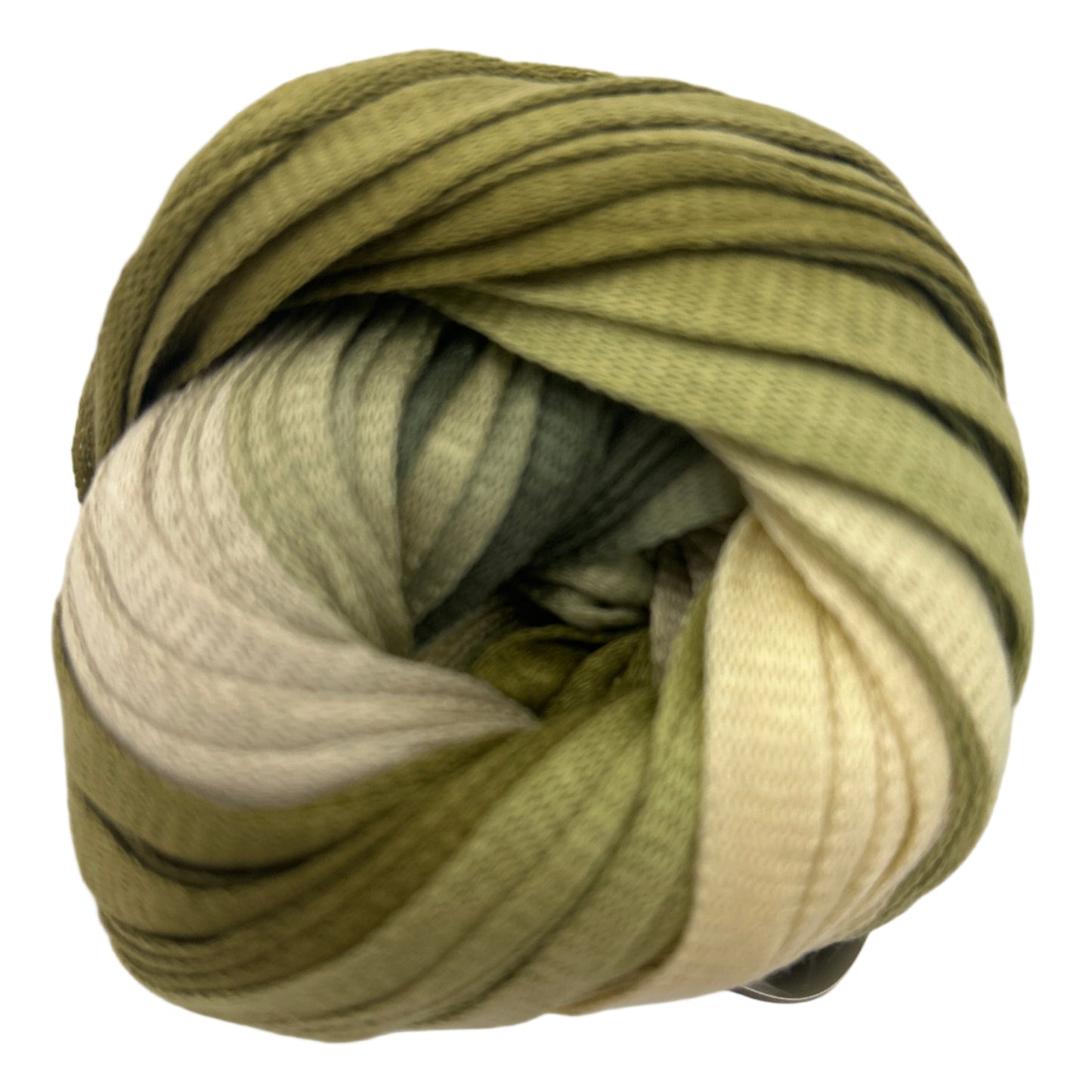 Ball of green and beige yarn on a white background