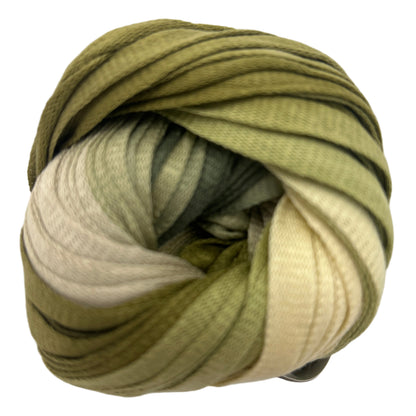 Ball of green and beige yarn on a white background