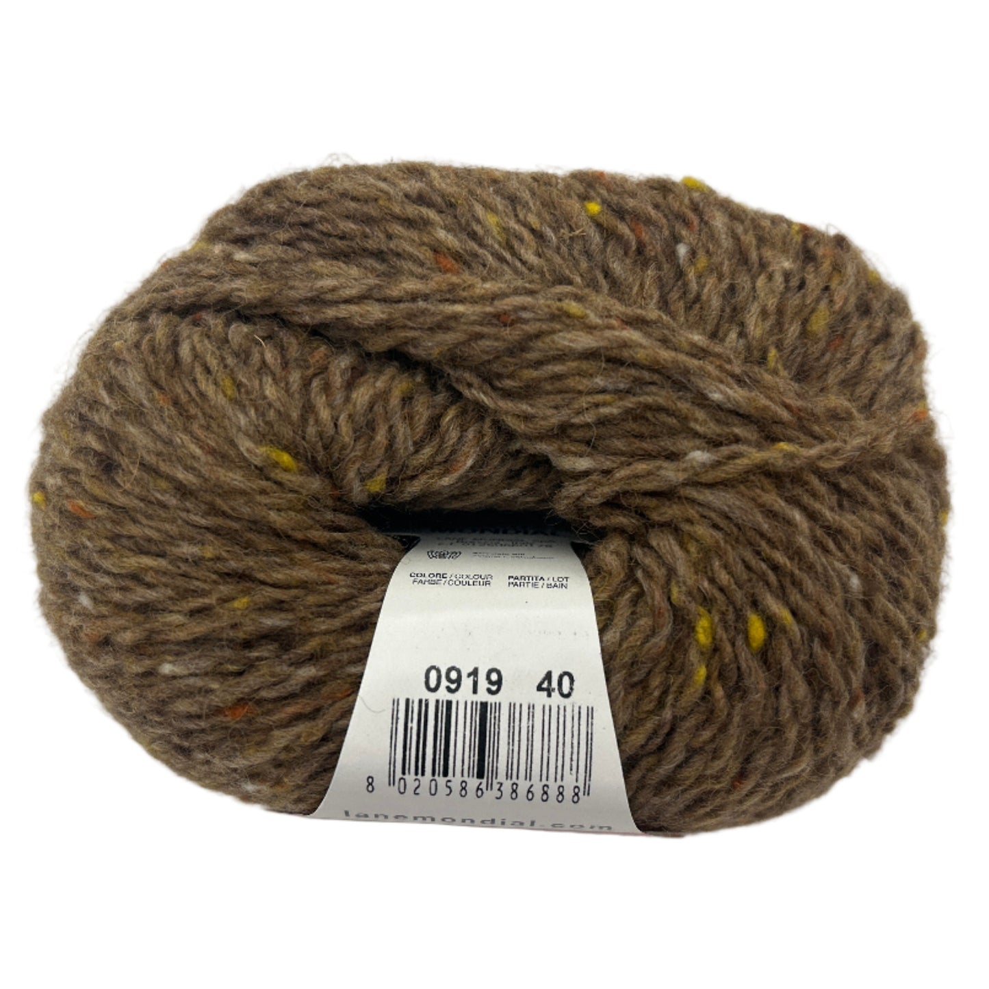Ball of brown yarn with a label on a white background