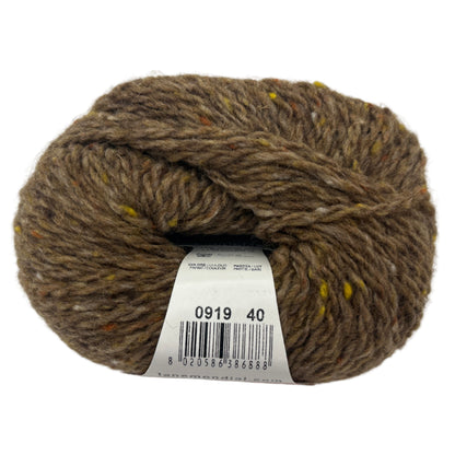 Ball of brown yarn with a label on a white background