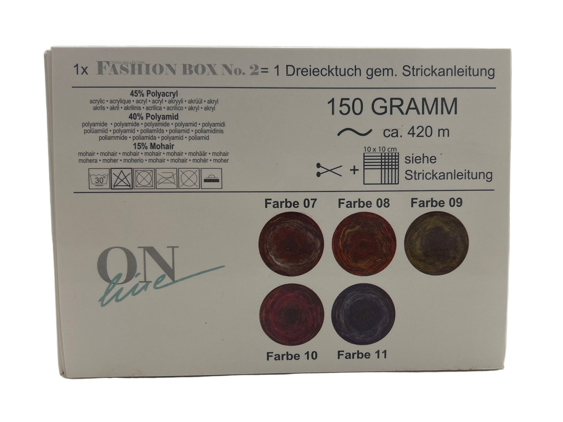 Cardboard box with fabric swatches and text on a white background